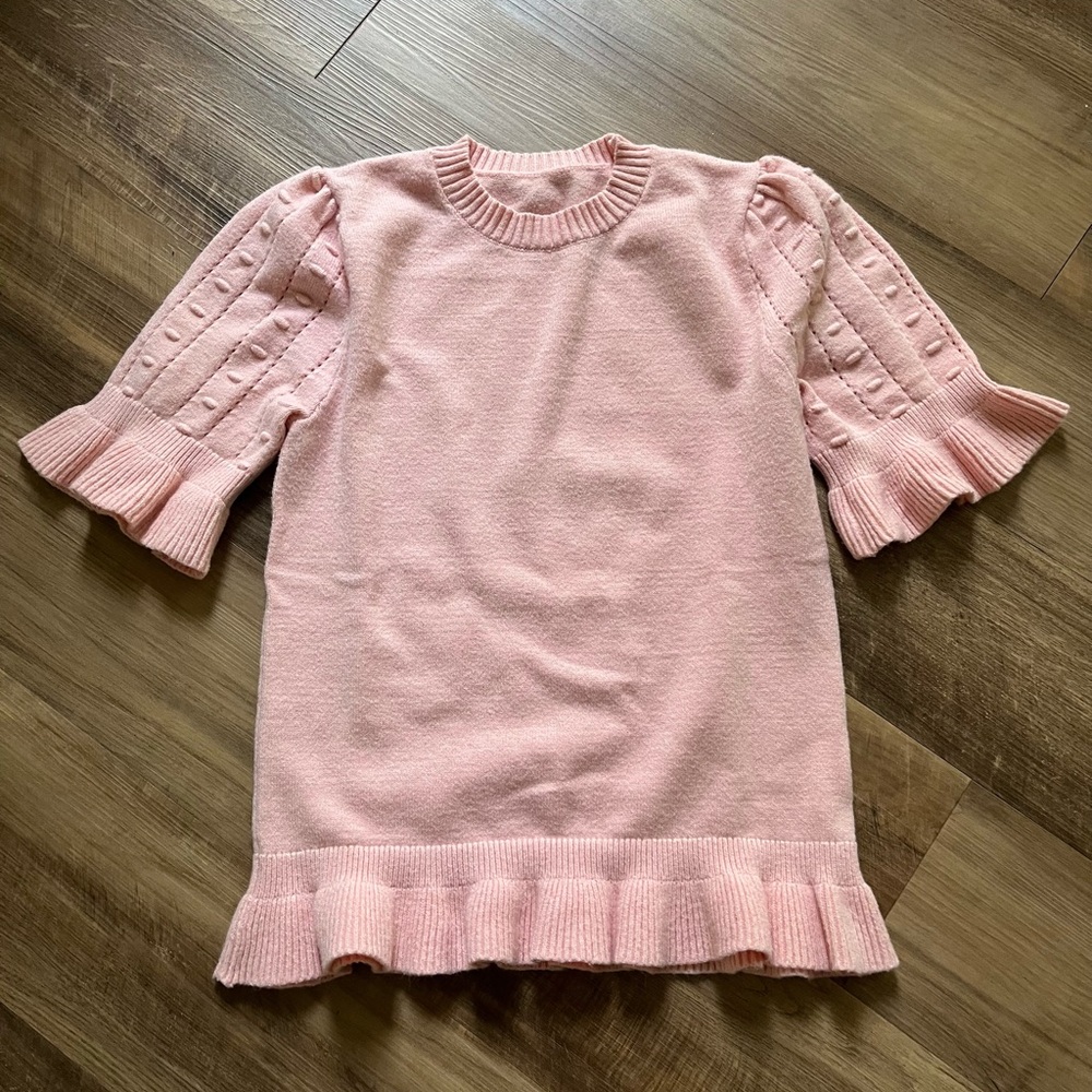 Soft Pink Ruffled Crew Neck Sweater